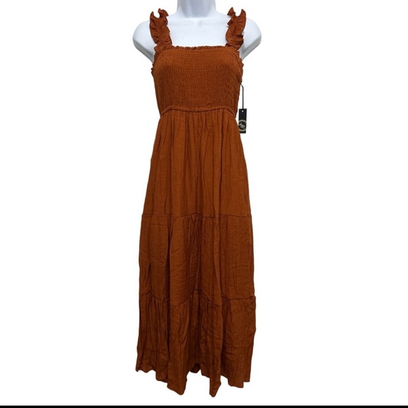 Rust Smocked Ruffle Strap midi Dress - Picture 1 of 11